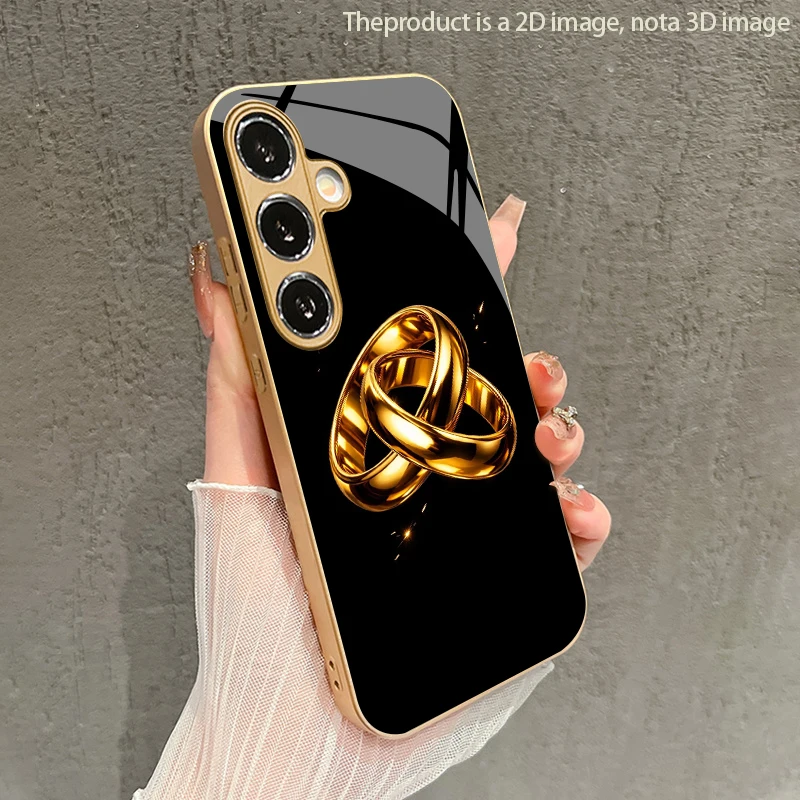 2D Wedding Ring Pattern Phone Case with Metal Paint Glass Protection Compatible with Samsung S26 S25 S24 S23 S22 S21 S20 A56