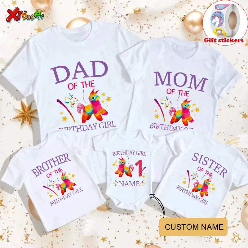 Birthday Girls T Shirt Family Matching Clothes Birthday Shirt Cartoon Printing Shirt Custom Name T-shirt Give Away Kids Stickers