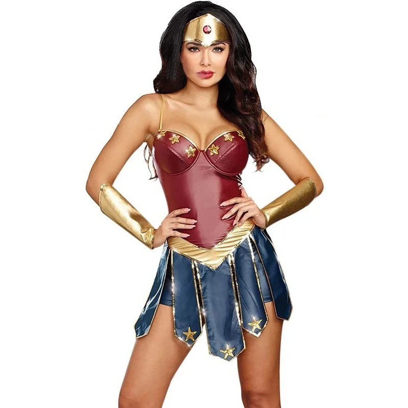 3 pezzi supereroe donna Costume Cosplay adulto Wonder Costume Halloween donne Sexy Dress Up Dress Cosplay