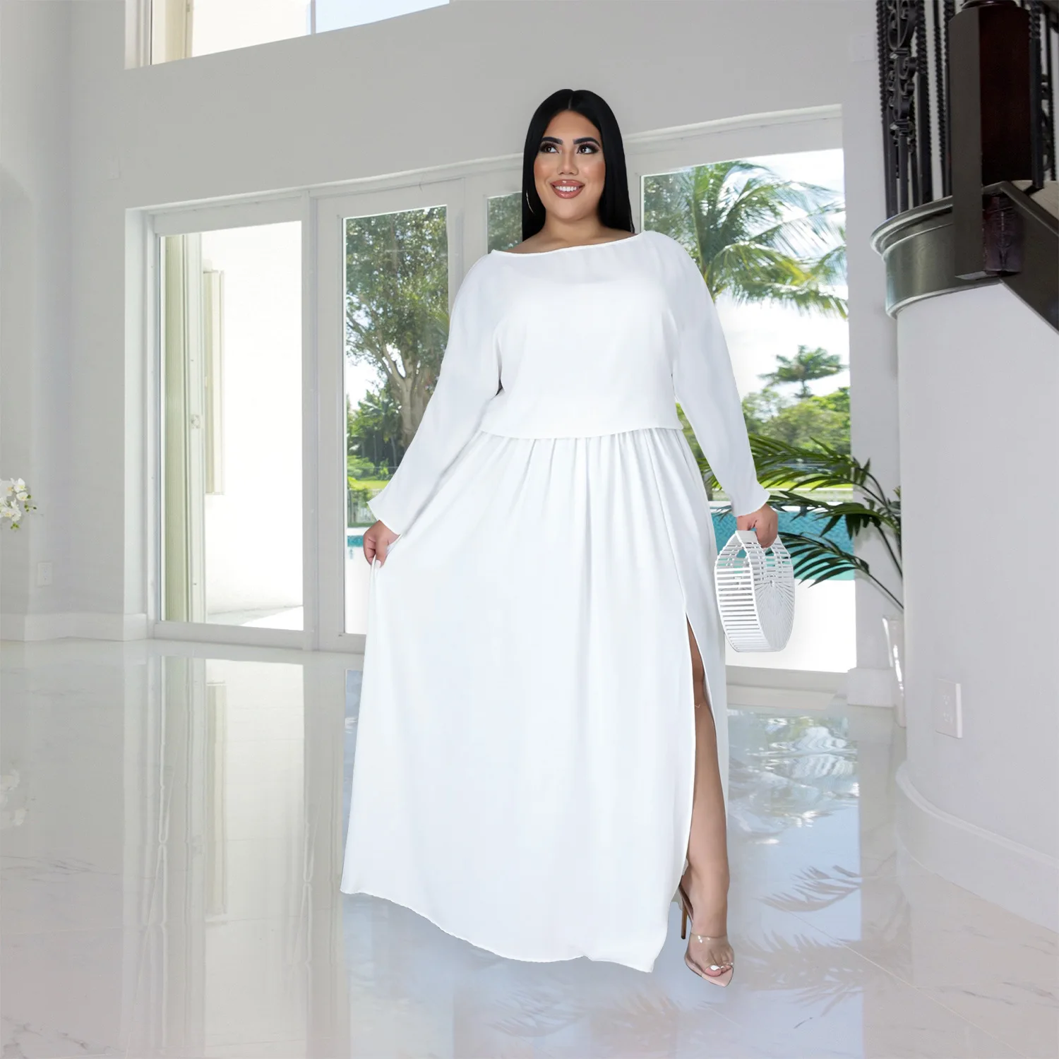 HAOOHU-Conjunto de 2 piezas de manga larga para otoño, traje de falda con abertura grande, holgado e informal, talla grande, 2023
