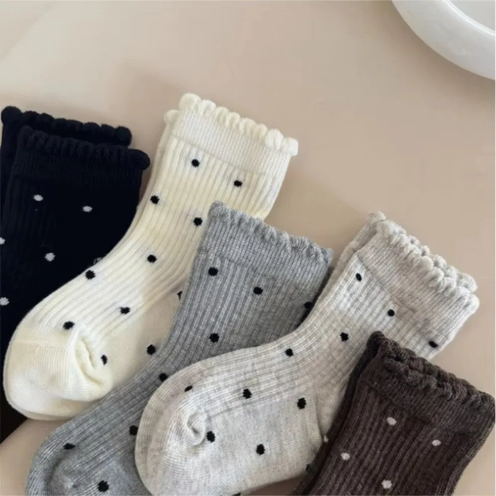 5Pairs/set Soft Cotton Mid-Calf Crew Socks Loose Cuff Ruffle Frill Design Cotton Ruffle Socks 5 Pairs Set Polka Dot Pattern