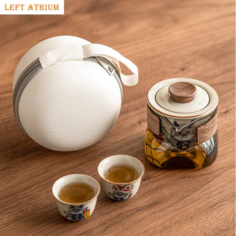 

Portable Travel Tea Set Dragon Patterned Teapot Teas Kettle One Pot Two Cups Outdoors Teas Making Pot Kung Fu Tea Set Teaware