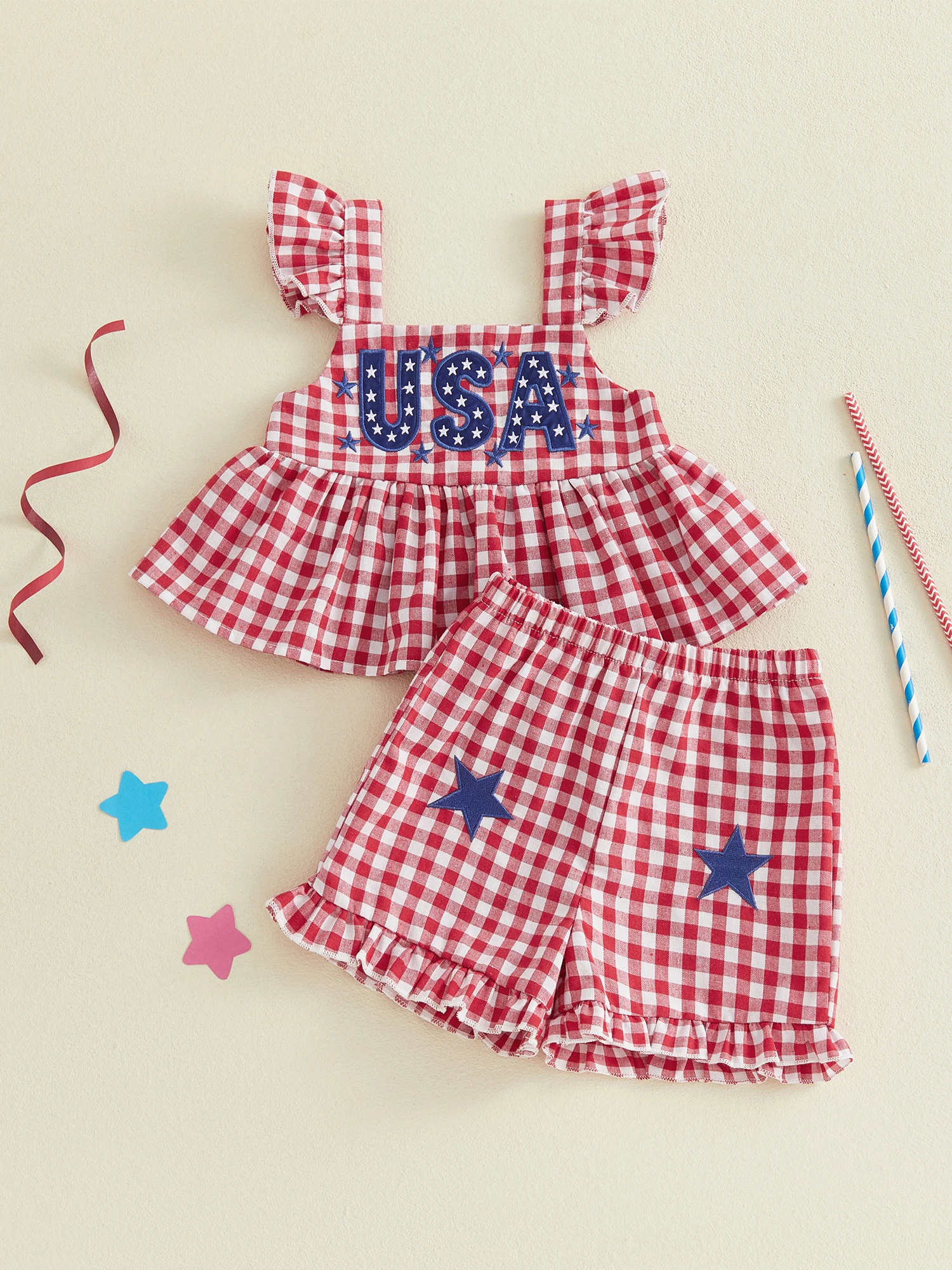 

Cute Toddler Girls 4th of July Outfits Stylish American Flag Print Ruffle Sleeve Top and Denim Shorts Set for Independence Day