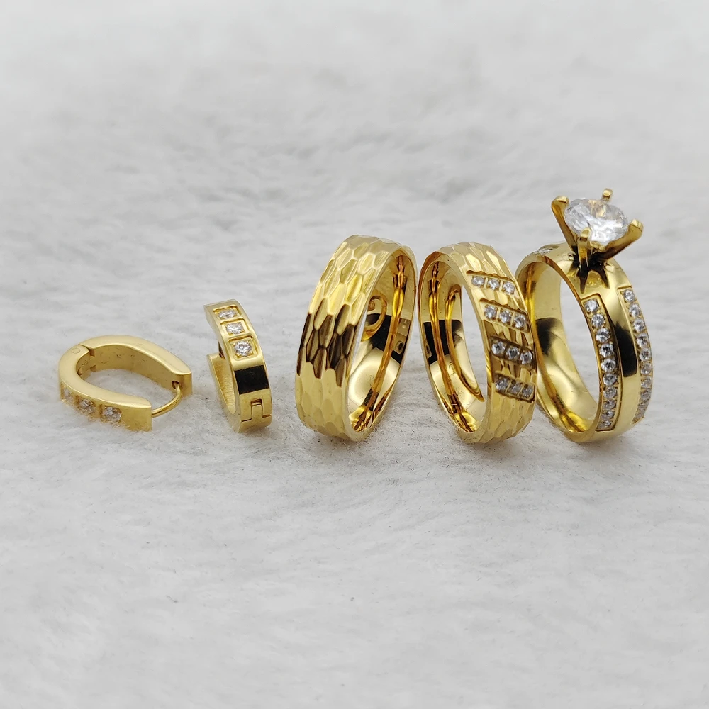 

Korean Style Ring Gold Earrings Hammered Promise Engagement Ring Designer Wedding Rings Couples 18k Plated Jewelry