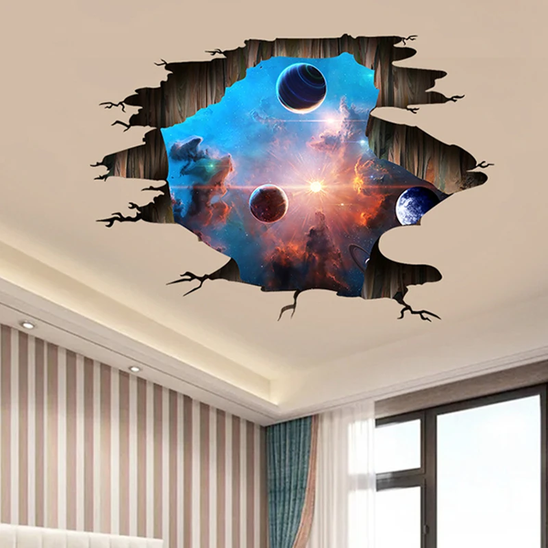 3D Broken Wall Art Stickers Universe Planets Vinyl Mural Room Decoration Brilliant Starry Sky Landscape Roof Ceiling Wallpaper