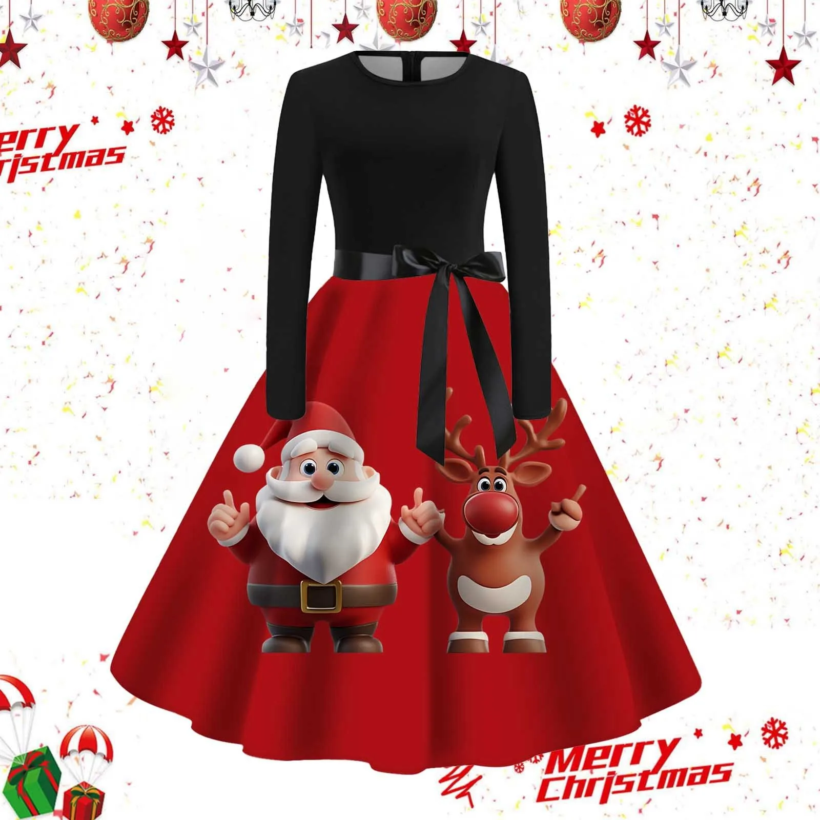 Women's Christmas Party Dress Crewneck Long Sleeve Santa Claus Reindeer Printed Dress Casual Belts Dresses for Women Clothing