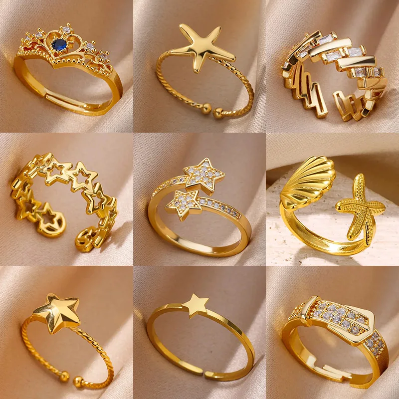 Zircon Double Star Rings For Women Gold Color Stainless Steel Opening Stars Finger Ring Wedding Party Aesthetic Jewelry Gift