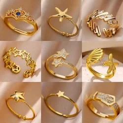 Zircon Double Star Rings For Women Gold Color Stainless Steel Opening Stars Finger Ring Wedding Party Aesthetic Jewelry Gift