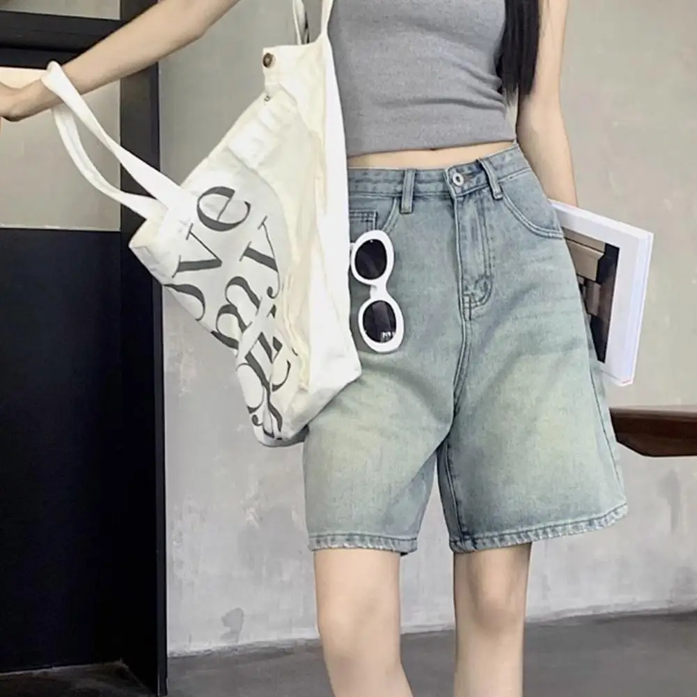 HWomen Denim Shorts High Waist Vintage Washed Straight Wide Leg Pure Color Button Zipper Closure Streetwear Knee Length Jeans Sh view 5