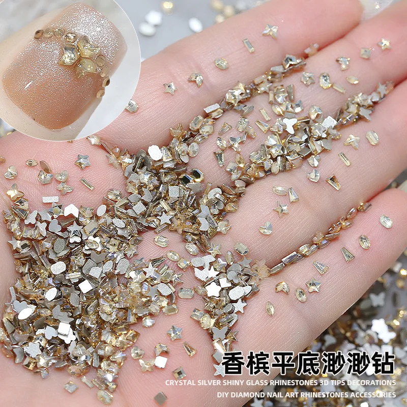 50PCS Sparkle Champagne Mini Tiny Flatback Diamond Star Oval Rect Square Glass Nail Art Rhinestones Decorations Manicure Charms