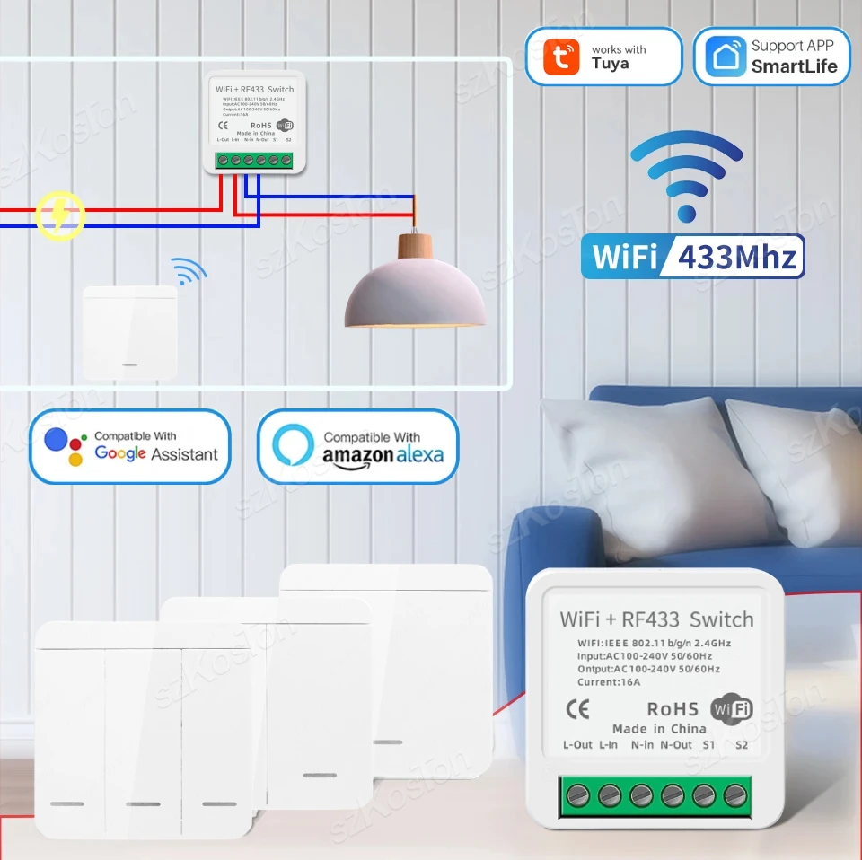 Tuya WiFi Smart Switch 16A Mini Relay Receiver RF433Mhz Wireless Switch 1/2/3Gang Wall Panel Voice Control for Alexa Google