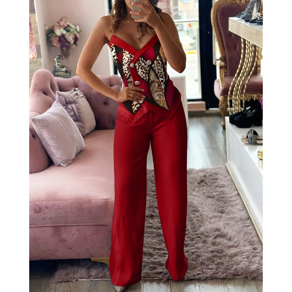 Women Scarf Leopard Print Chain Strap Single Breasted Top & Pants Set Female Two Piece Suit Sets Elegant Summer Outfits Set