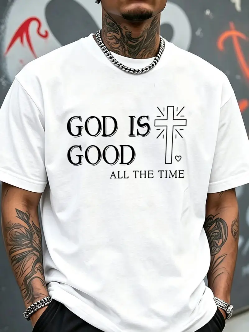Men'S Essential Black And White Crew-Neck T-Shirt Featuring a 'God Is Good for All The Time' Print. Designed with a Regular Fit, It Offers Everyday Comfort And a Casual Urban Style Suitable for All Seasons. an Excellent Choice for Holiday Gifts