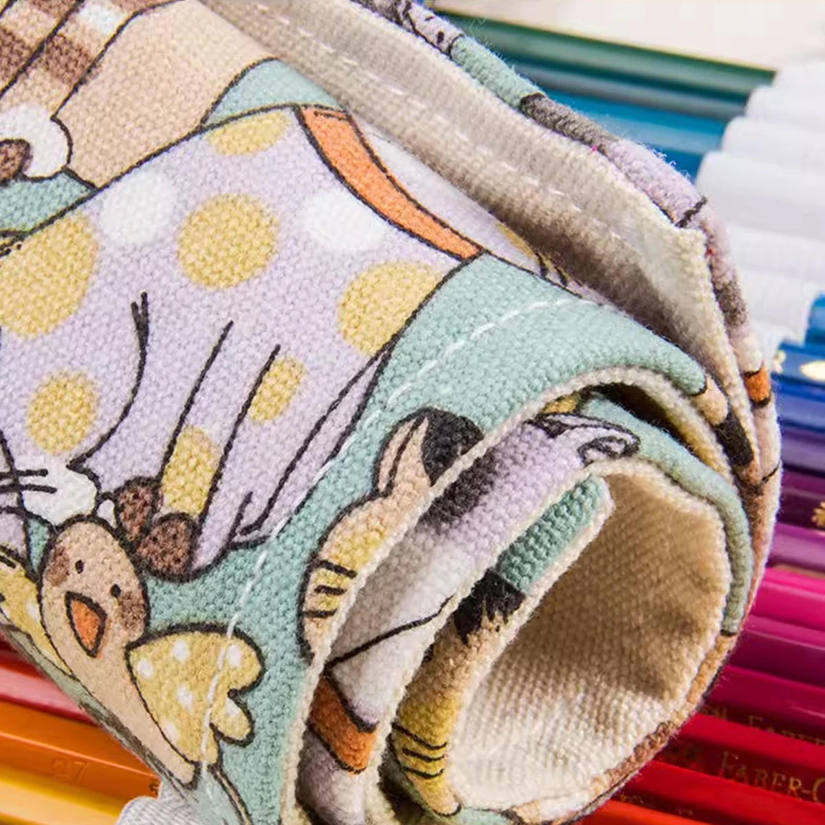 Handmade Canvas Pen Curtain 12/24 Holes Kawaii Pencil Bag Student Colored Pencil Brush Stationery Storage Bag Cosmetic Bag