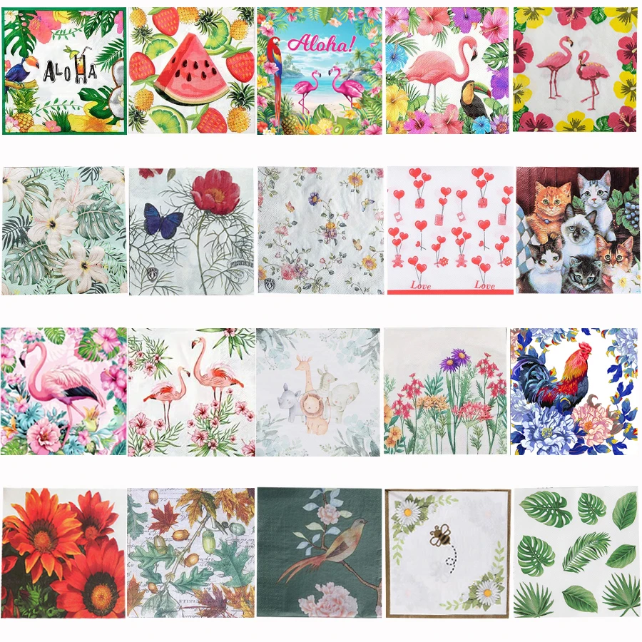 Serviettes en papier à motifs floraux et animaux, 20 pièces, motif flamant rose Aloha pastèque, jetables, pour fête d'été, découpage, artisanat, décoration de table