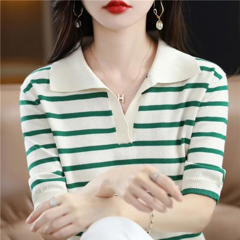 WinvyNee Summer Short Sleeved Women\'s Solid Polo Shirt Casual Cotton Striped Top T-shirt Women Clothing Casual Knitted A1002001