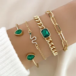 1 Set Vintage Green Crystal Snake Bracelets for Women Fashion Gold Color  Geometric Luxury Cuff Bracelets Jewelry Gifts