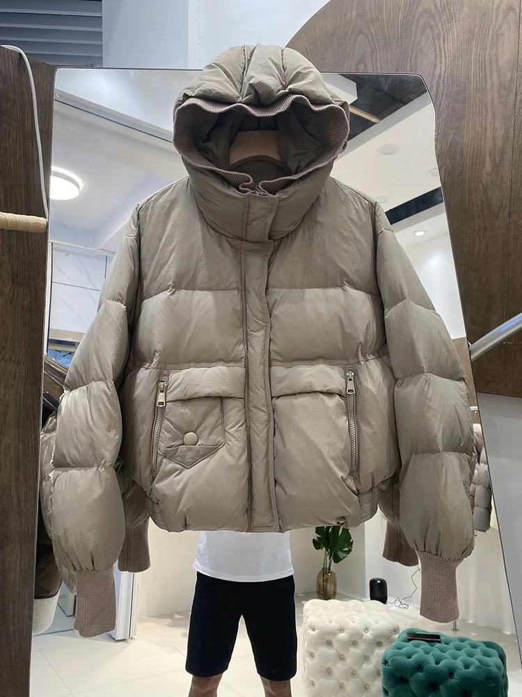 المرأة قصيرة نمط محبوك هوديي الربط الدافئة الأبيض بطة أسفل معطف الطبعة الكورية 2025 شتاء جديد Breadms أسفل معطف #2