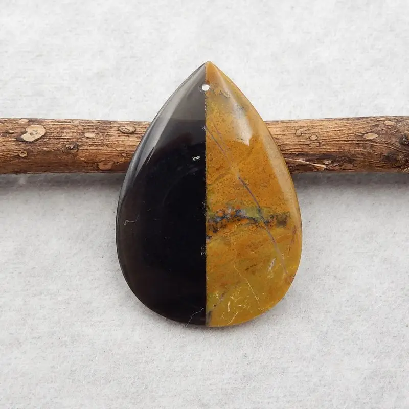 Natural Stone Yellow Opal And Obsidian Intarsia Waterdrop Necklace Accessories Pendant Bead 35x25x4mm 4g