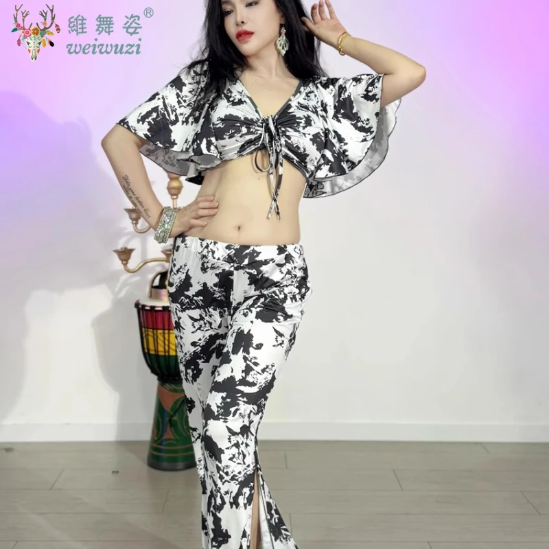 Belly Dance Costume Women's Printing and Dyeing Lotus Leaf Sleeve Top Plus Large Swing Pants Oriental Dance Performance Costumes