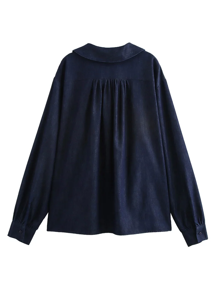 KAOPU ZA Women with tie denim shirt vintage peter pan collar long sleeves button-up female blouse chic tops