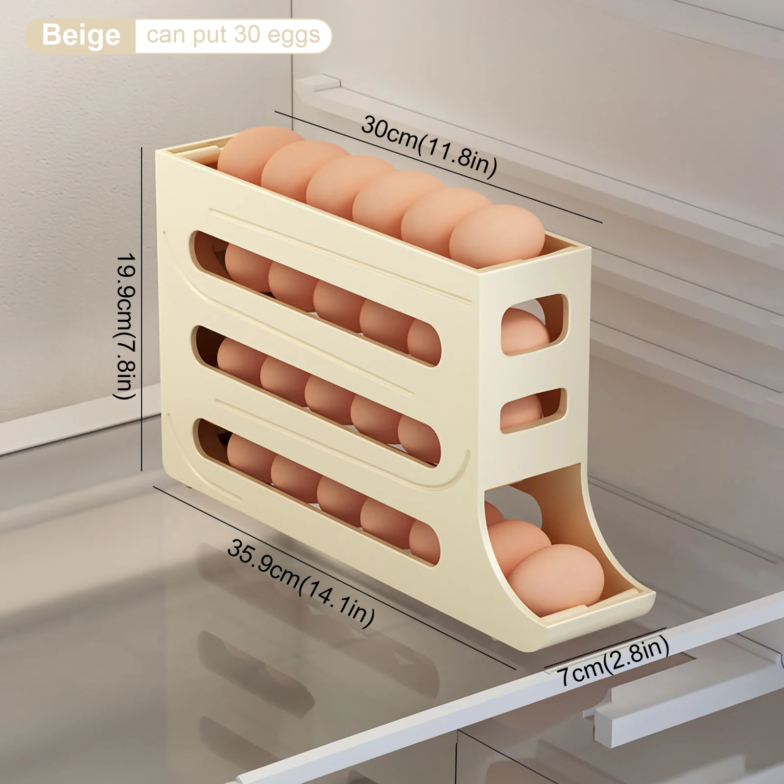 Caja de almacenamiento de huevos para refrigerador, soporte de huevos de desplazamiento automático, estante de almacenamiento de huevos de gran