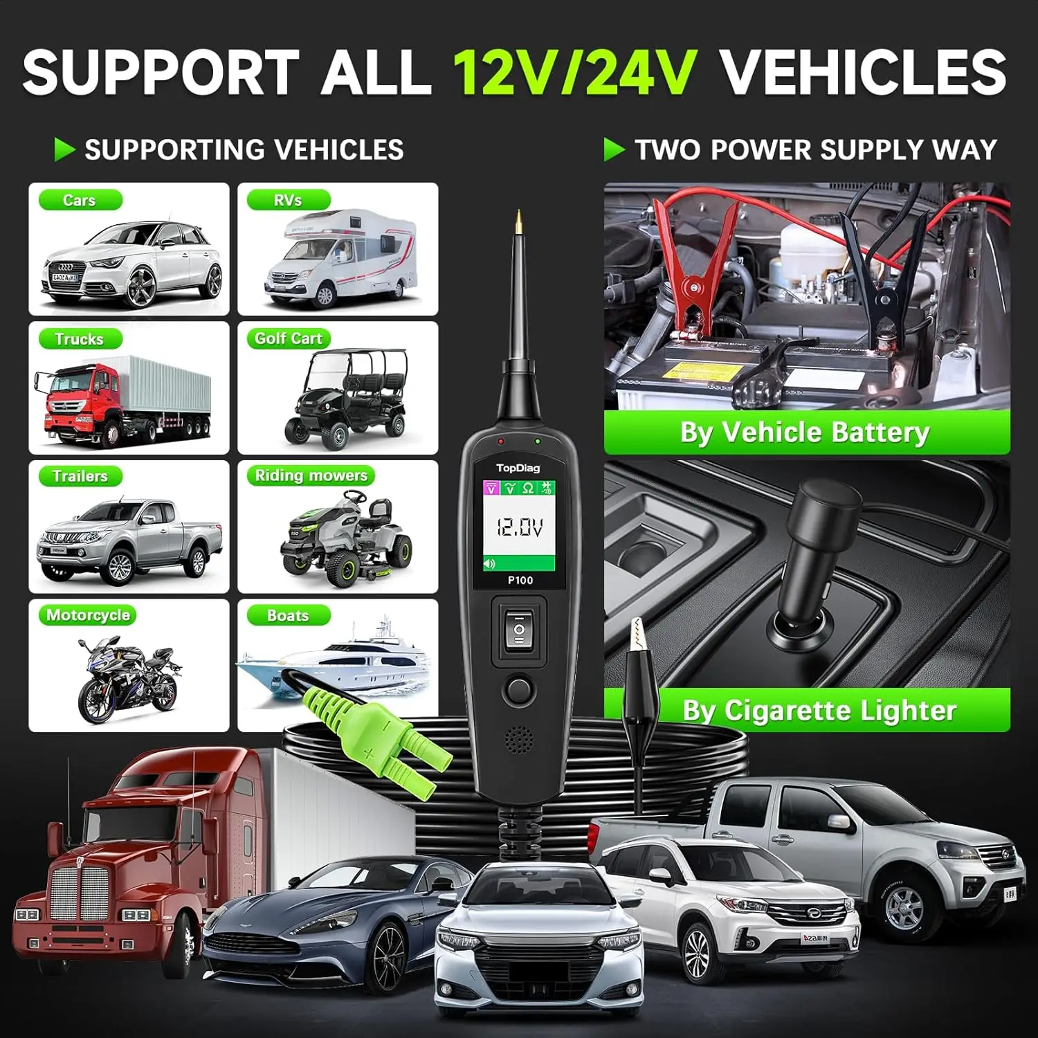 Tester per circuiti automobilistici, cavo da 40 piedi, CA CC 12 V 24 V, tester per fusibili per auto, strumento diagnostico P100