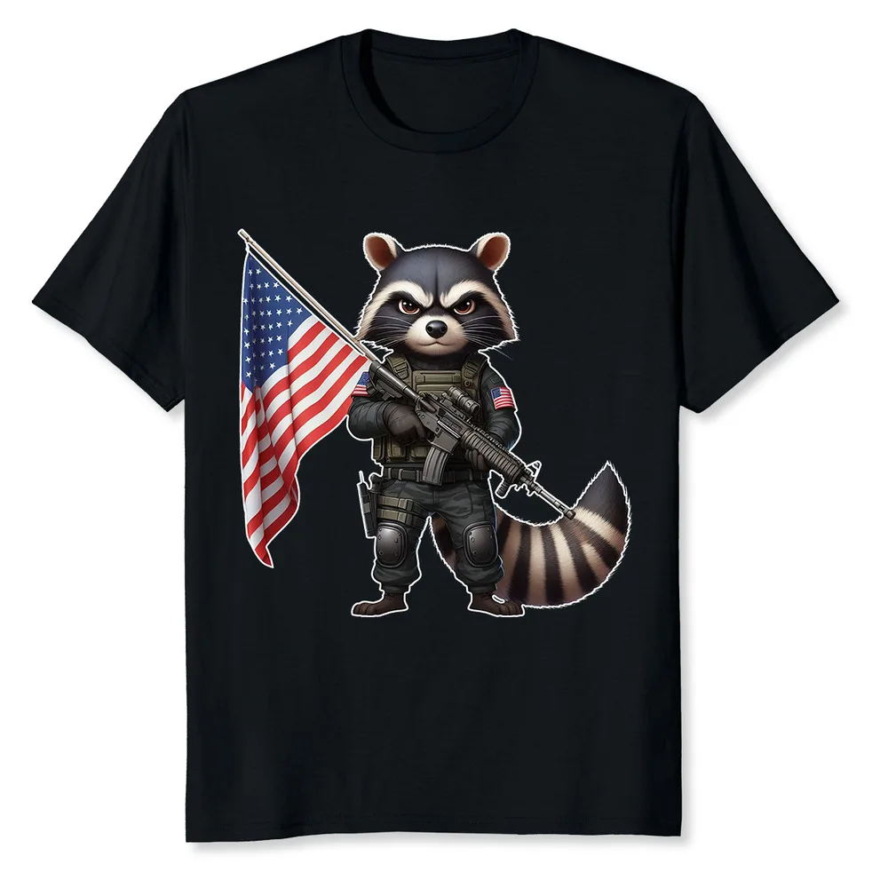 Raccoon Army Gun American Flag T-Shirt Unisex T-shirts Cotton Luxury Brand Vintage Oversized