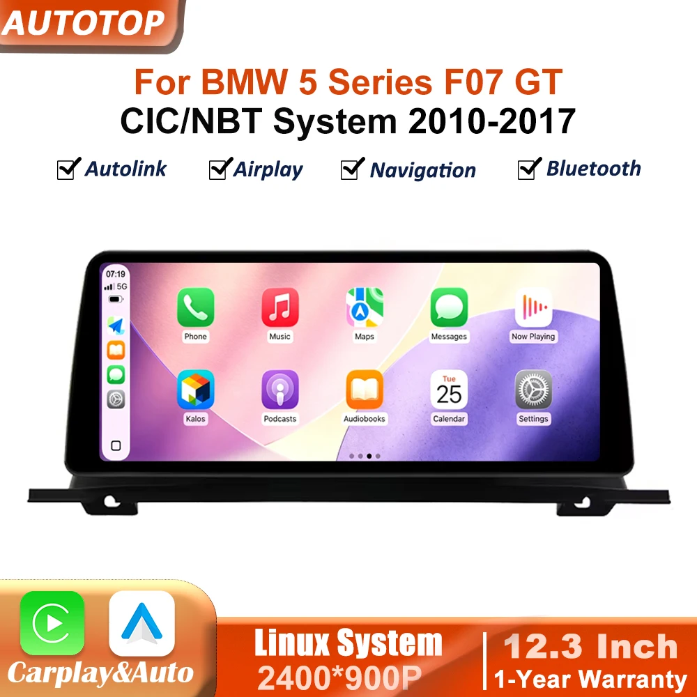 Écran tactile 12,3 pouces 2400*900P avec CarPlay sans fil et Android Auto pour BMW Série 5 F07 GT 2010-2017, système CIC/NBT, systèmes intelligents pour voiture, autoradio multimédia intelligent avec Bluetooth, GPS, navigation, Autolink, Navi, Mirror Link, AirPlay