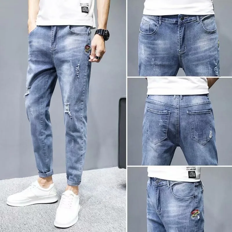 

Wholesale 2022 Embroidery Light-colored Jeans Men's Summer Thin Ripped Ankle Length Pants Boys Brand All-match Slim Pants