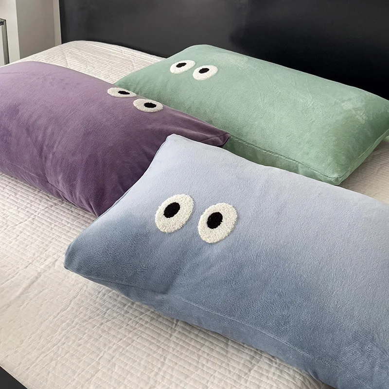 Cute Cartoon Big Eye Milk Fleece Pillowcase 48*74 Single Pillow Cover Embroidery Coral Velvet Thickened Pillow Cases For Bedroom