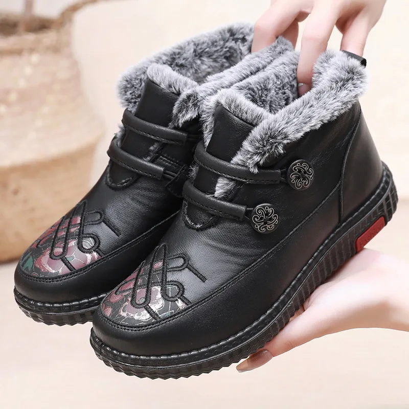 GKTINOO Winter New Leather Waterproof Snow Boots Women\'s Plus Velvet Warm Short Boots Ladies Casual Lightweight Flat Boots