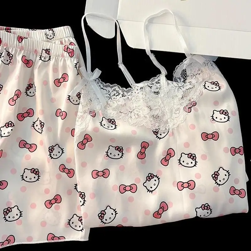 

2Pcs Sanrio Cute Pajamas Hello Kittys Kawaii Suit Suspender Fashion Sweet Comfortable Breathable Girl Cartoon High End Gifts
