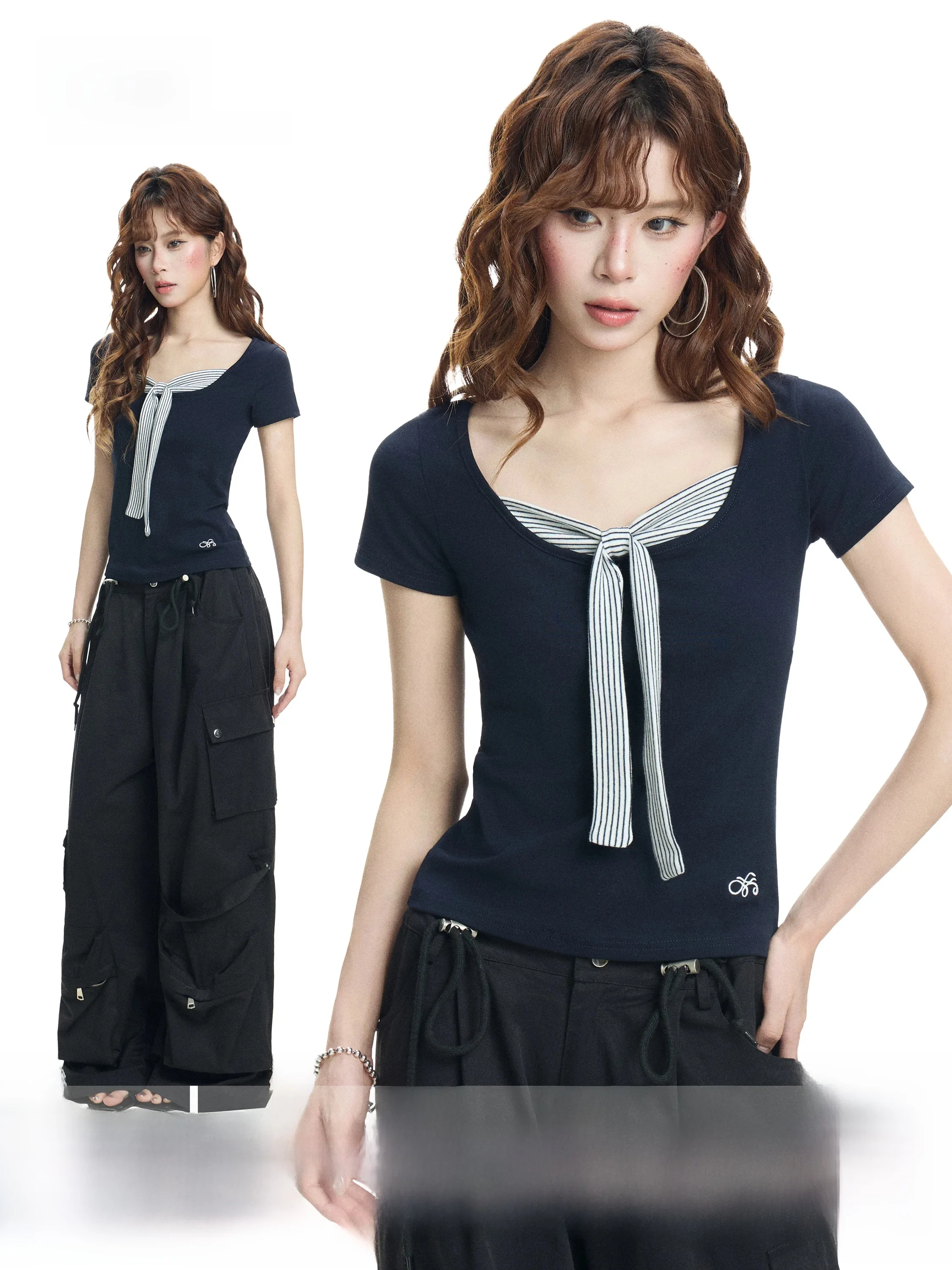 Slim Fit Striped Short Sleeve T-Shirt Women Summer Design Sense Square Collar Fake Two-Piece Upper Body Korean Style Commute