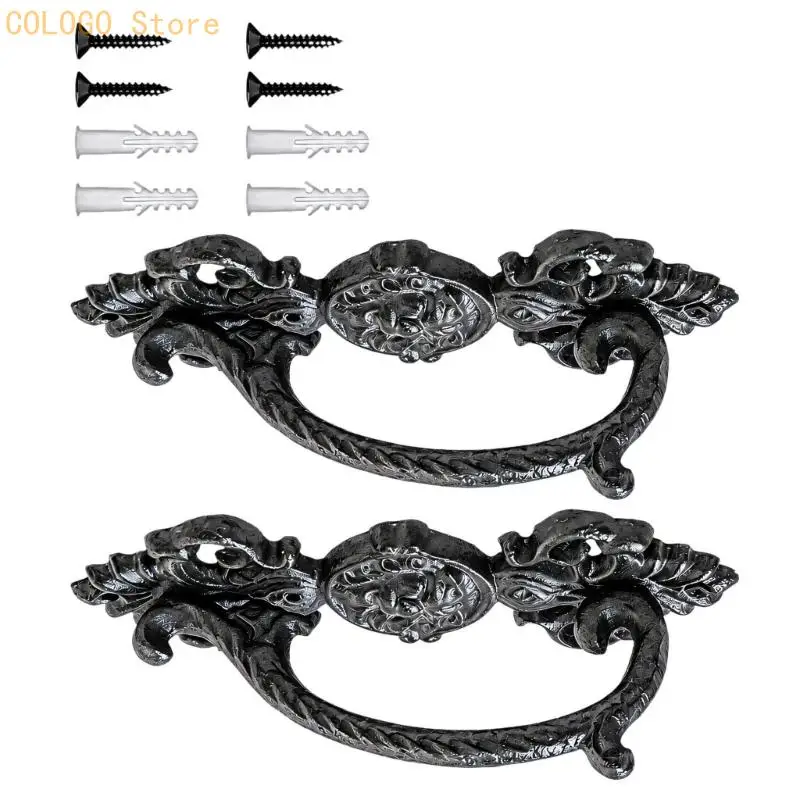 Industrial Door Pull Handles, 1 Pair with Raised Gripping Area, Decorative Relief, and Distressed Iron Finish D0LD