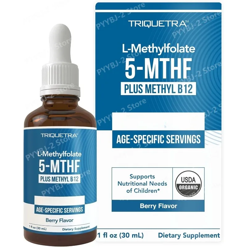 

Organic Liquid 5-MTHF Folate with Methyl B12 Active B Vitamin Formula Adjustable Dosing for All Ages- Easy Daily Use 30 Ml