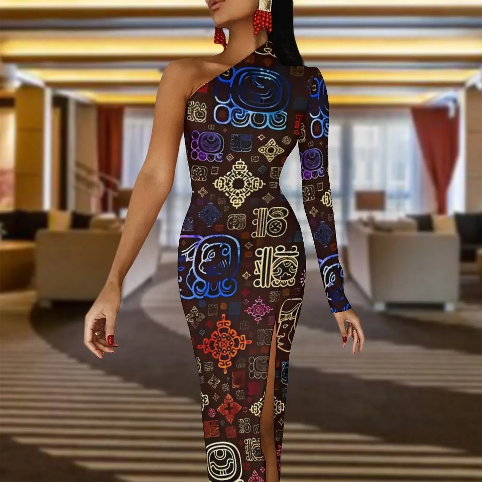 Aztec Art Bodycon Dress Woman Mayan Glyphs Pretty Maxi Dress Long Sleeve Party Custom Dresses Birthday Gift