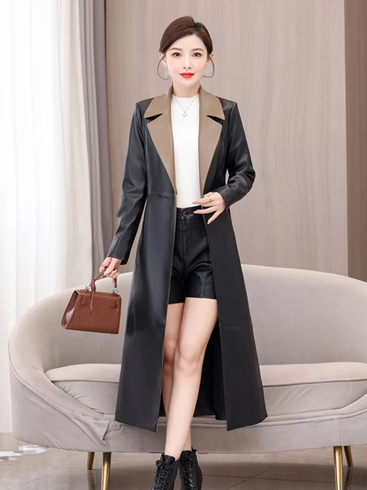 Cappotto da donna in vera pelle di pecora Haining, lunghezza media, con cintura, snellente, autunno inverno, nuovo stile, per pendolari, manica lunga