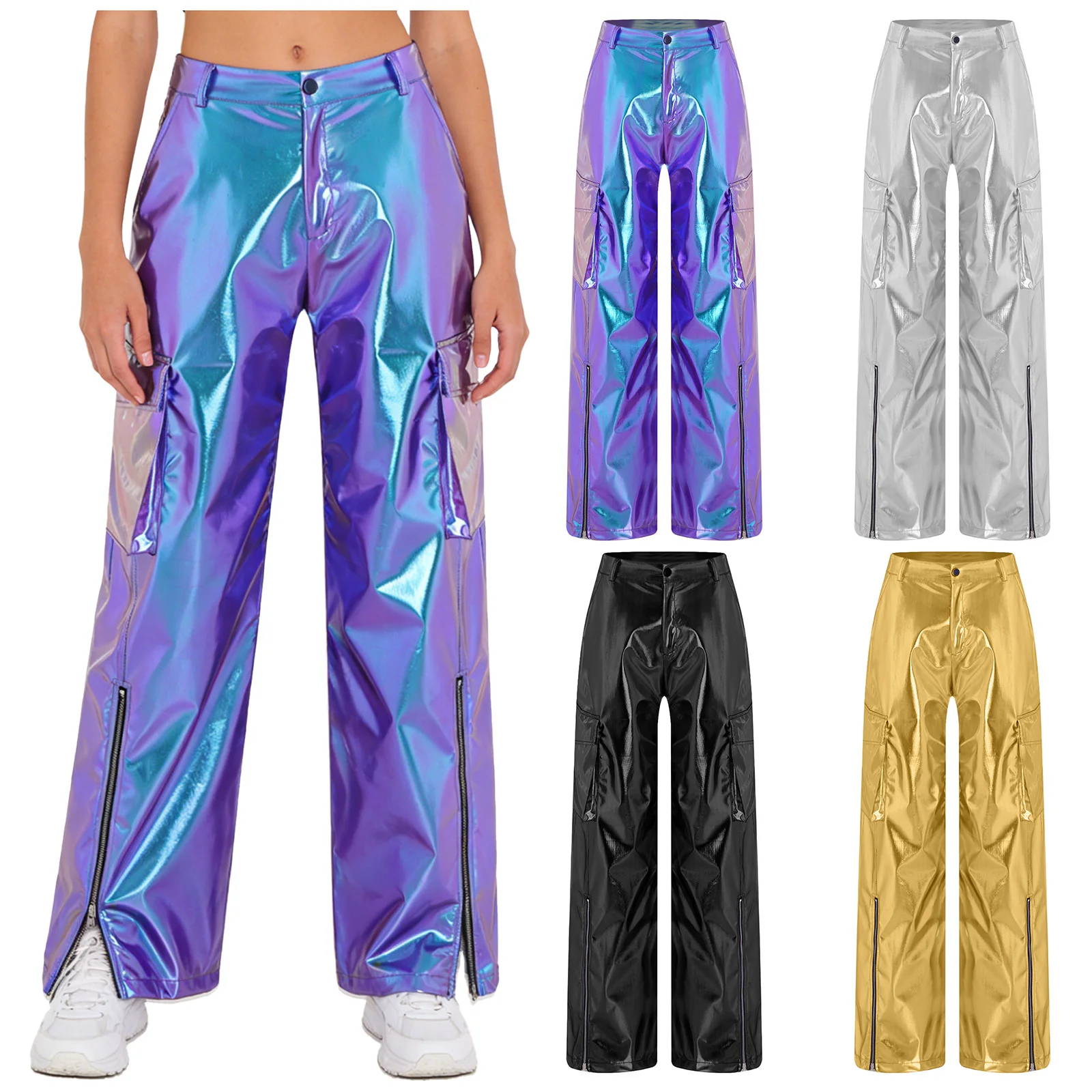 

Adult 70s Disco Hip Hip Jazz Dance Performance Costume Metallic Shiny High Waist Zipper Wide Legs Cargo Pants Clubwear Dancewear