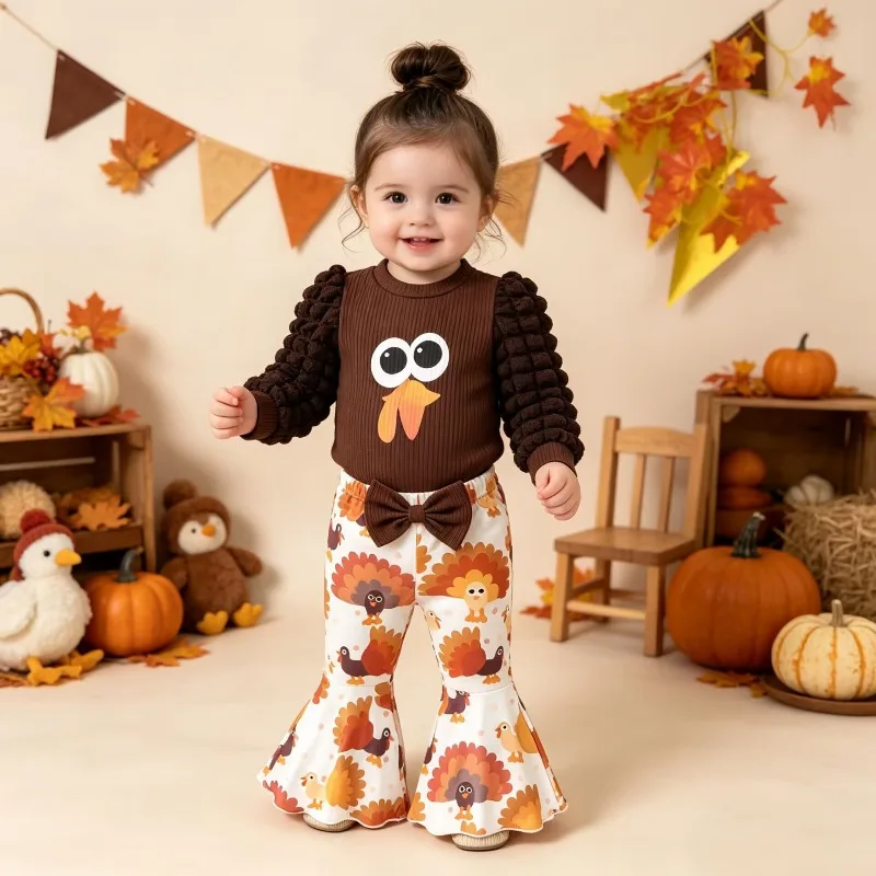 Thanksgiving Turkey Baby Outfit Top Flare Pants Set Newborn Infant Toddler Fall Clothes Cute