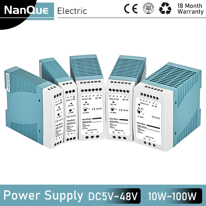 DC5V 12V 24V 48V 10W 20W 40W 60W 100W Narrow Switching Power Supply AC100-240V Input DIN Rail Install Industrial Control Power