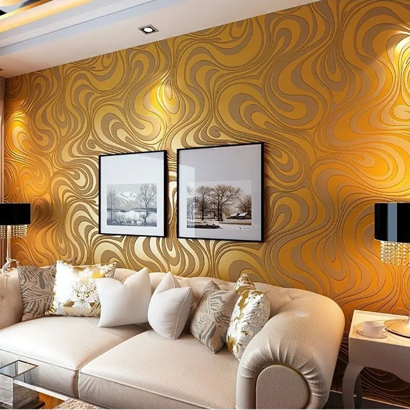 Luxury Modern 3D Wave Non Woven Wallpaper for Bedroom Living Room Background, Gold and Purple Abstract Paper Cotact