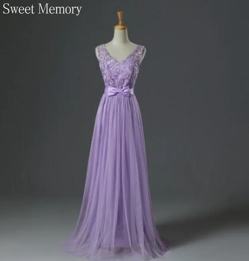 Long Light Purple Bridesmaid Dress Women Girl Graduation Gown Vestido Lady Lace Mesh Netting Cheap Prom Party Dresses