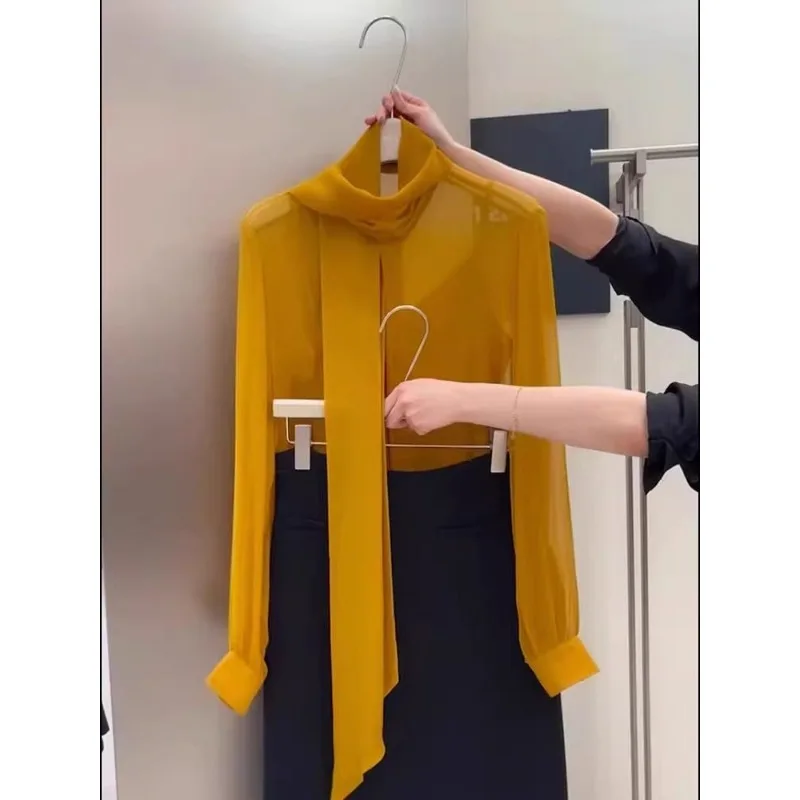 Korean Commuting Temperament Loose Ribbon Shirt 2025 New Long-sleeved Fashion Tulle Top