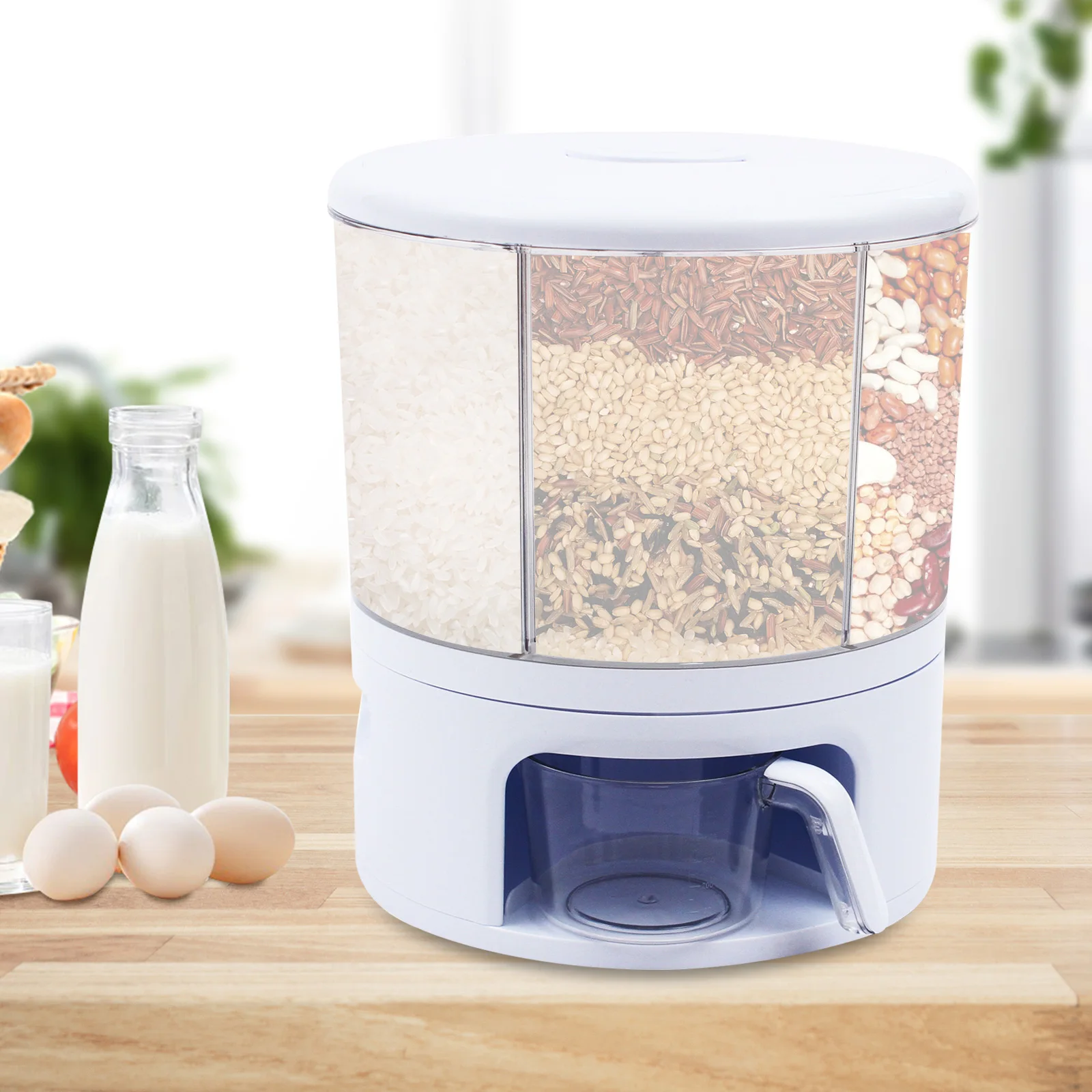 

360° Rotating Grain Dispenser Tank 6 in 1 Grain Storage Clear Container Food Sealed Storage Container with Measuring Cup