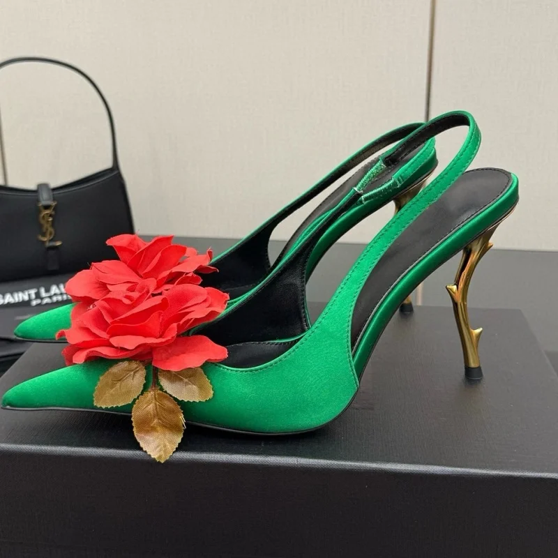 

Pink Flower Satin Strange Heel Slingback Sandals Women Pointed Toe Back Strap Pumps Lady Sexy Fashion Evening Party Dress Shoes