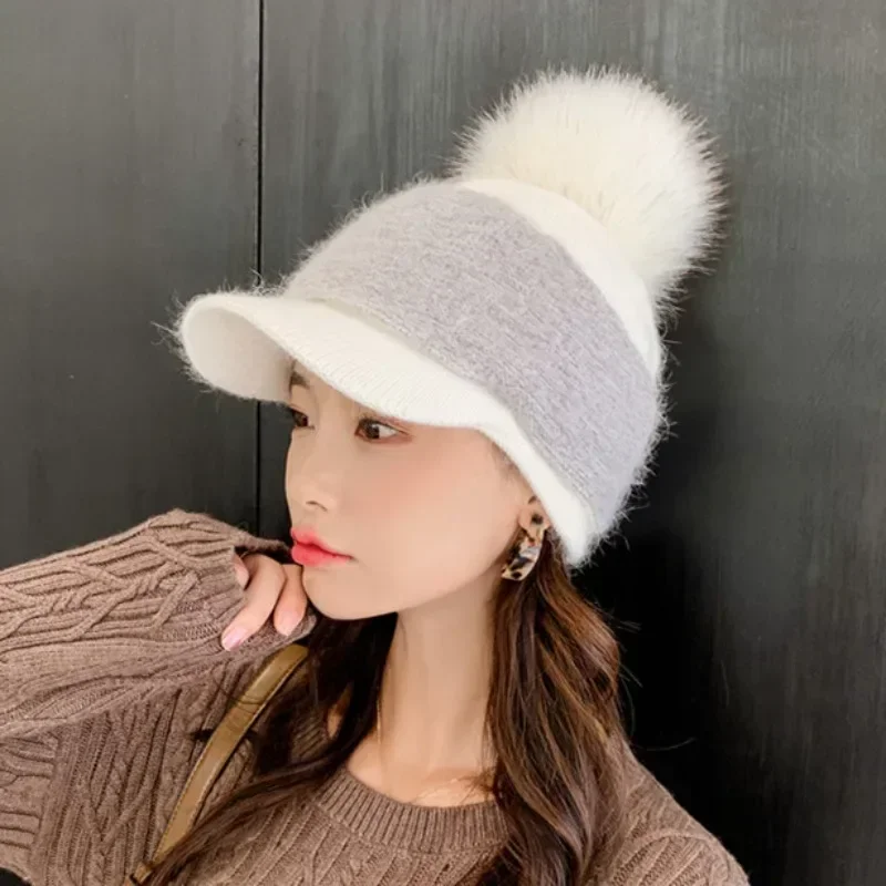 Women Winter Thick Warm Fuzzy Knit Beanie Cap with Visor Bill Cute Pompom Cold Weather Windproof Skullies Cap шапка женская