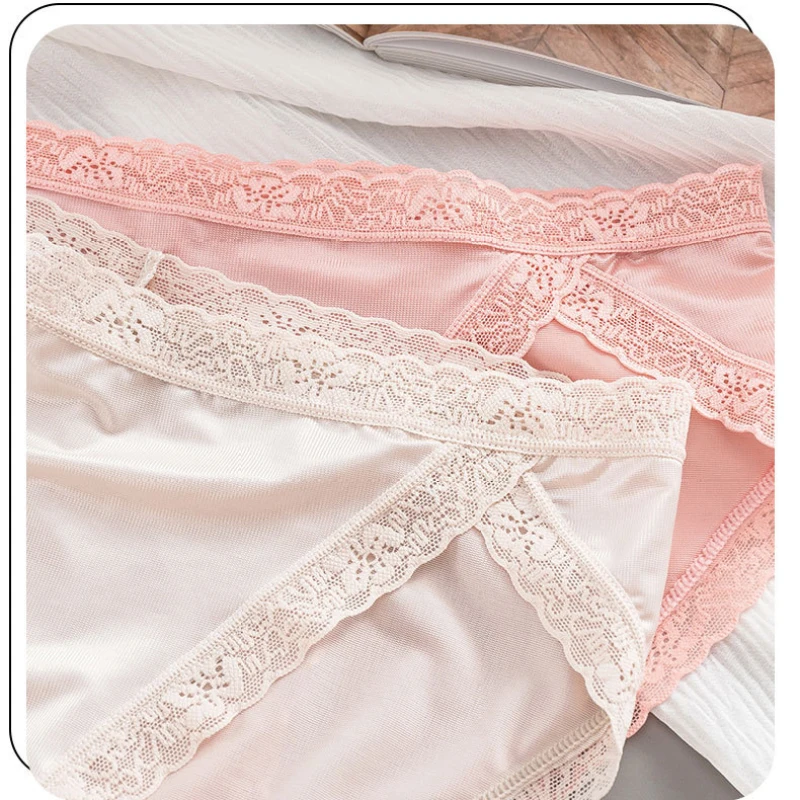 Satin Luxury Style Sexy Lace Ice Silk Soft Women\'s Underwear Breathable Mesh Thin Solid Seamless Panties Simple Elegant Breifs