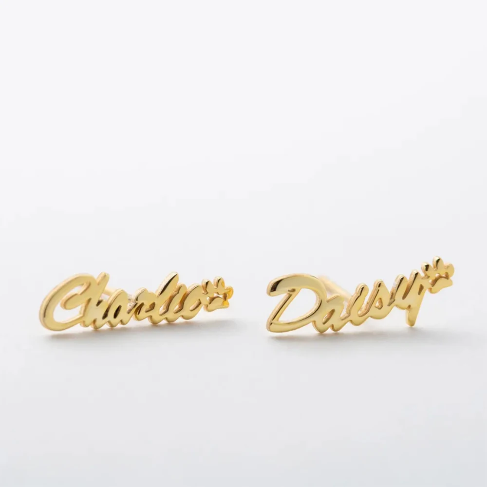Personalized Name Earrings With Paw Prints, Women's Jewelry, Animal Paw Print Minimalist Earrings, Valentine's Day Gifts