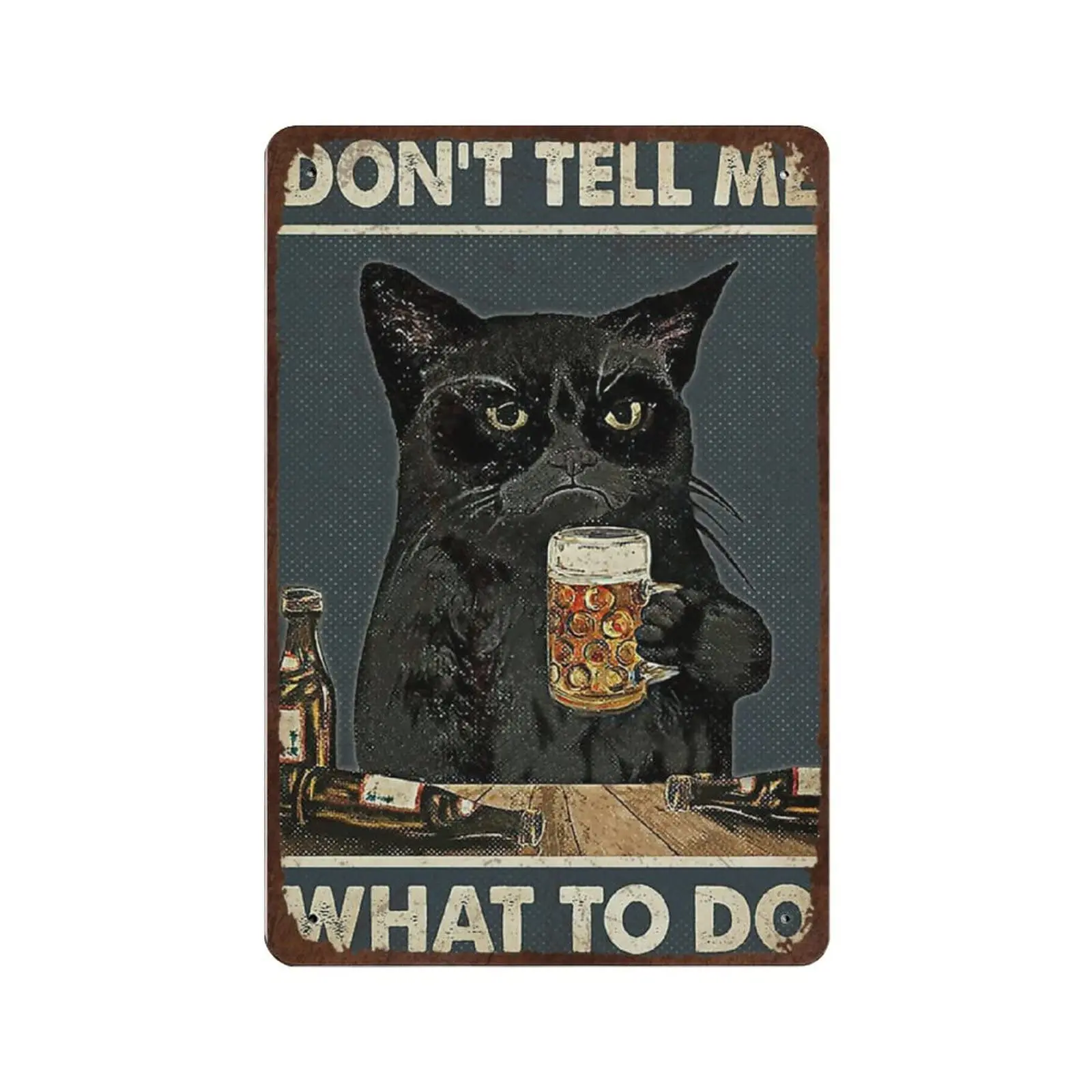 Pintura en estaño 2D, Placa metálica vintage de estaño, gato negro retro, bebida, cerveza, no lo digas, letrero de estaño, hombre gro